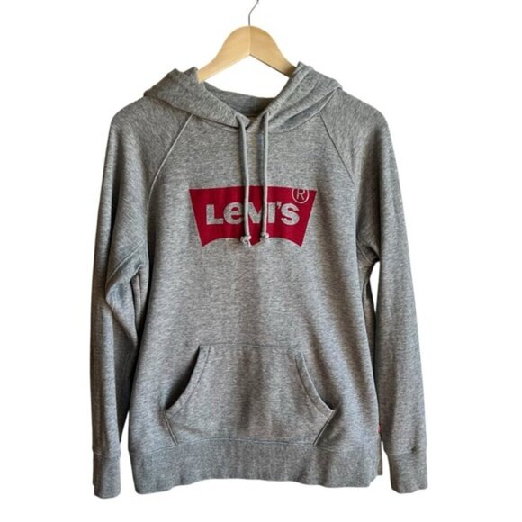 Levi’s Logo Hoodie Medium Gray Fleece Sweatshirt Relaxed Fit - Picture 2 of 14